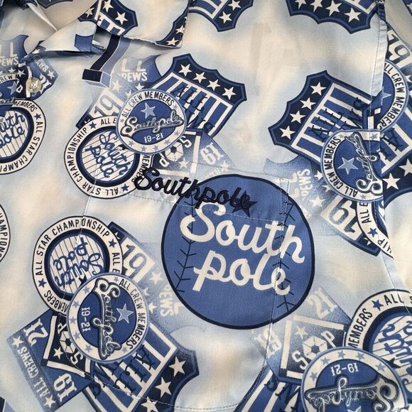 Southpole Shirt Mens XL Blue Polo All Over Y2k Grunge Punk AOP Dress Collar Logo - Picture 7 of 12